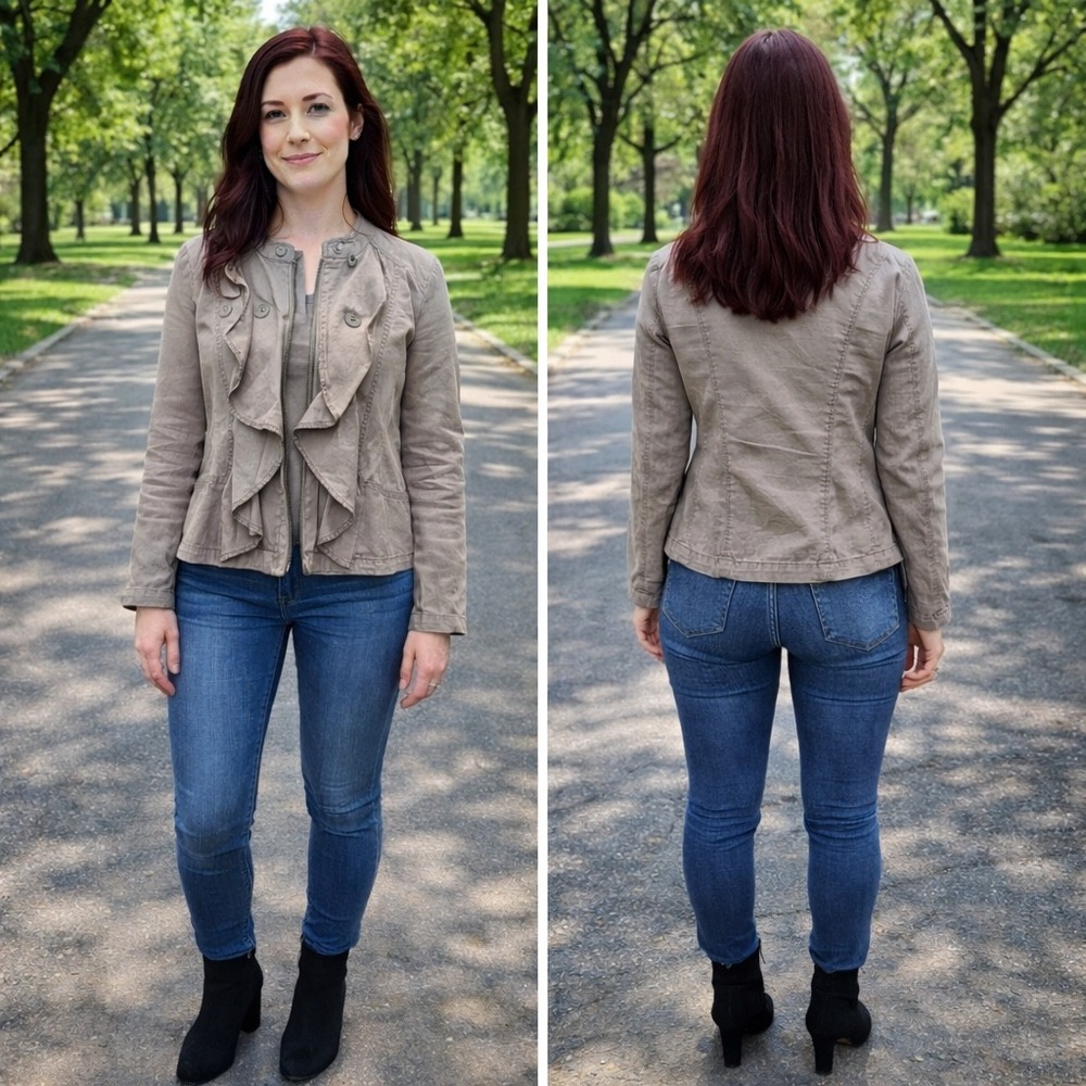 Loft Outlet Taupe Khaki Ruffle Front Linen Blend Zip Up Jacket Womens Medium